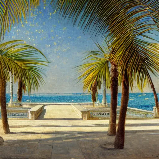 Image similar to a ultradetailed beautiful painting of the amazonas palace balustrade designed by jules bastien - lepage, hans belmer, frank weston and gustave baumann, beach, trending on artstation, mediterranean, palm trees, refracted color sparkles, sharp focus, soft light, 8 k 4 k