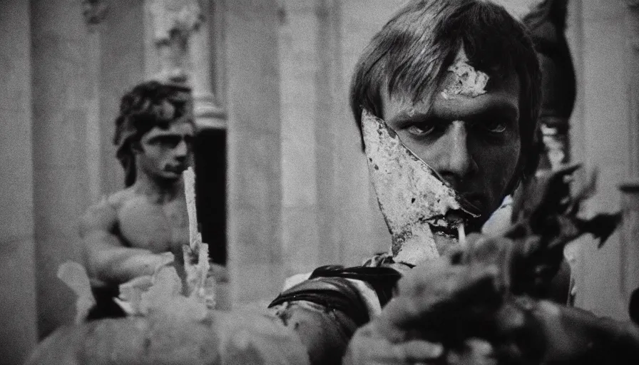 Prompt: 1 9 7 0 s movie still close - up caligula slaughtered in a neoclassical room, cinestill 8 0 0 t 3 5 mm b & w, high quality, heavy grain, high detail, dramatic light, cinematic composition, flares, anamorphic, blood, bleeding