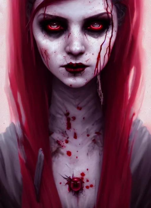 Image similar to beautiful, very very very extreme closeup portrait, bloody, vampire girl, extreme blood, vampire fangs, medieval dress. witch, makeup. unreal engine, greg rutkowski, loish, rhads, beeple, tom bagshaw, alphonse mucha, global illumination, detailed and intricate environment