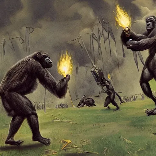 Prompt: gorillas in a medieval battle, george rr martin