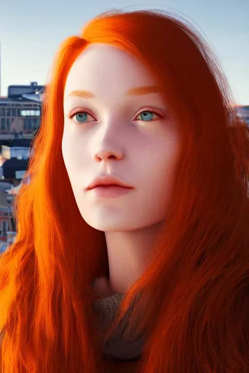 Prompt: hyperrealistic portrait of stunningly beautiful redhead nordic girl, lit in a dawn light, busy city on background, trending on artstation,ultrawide angle, f8 , polarizer , unreal engine