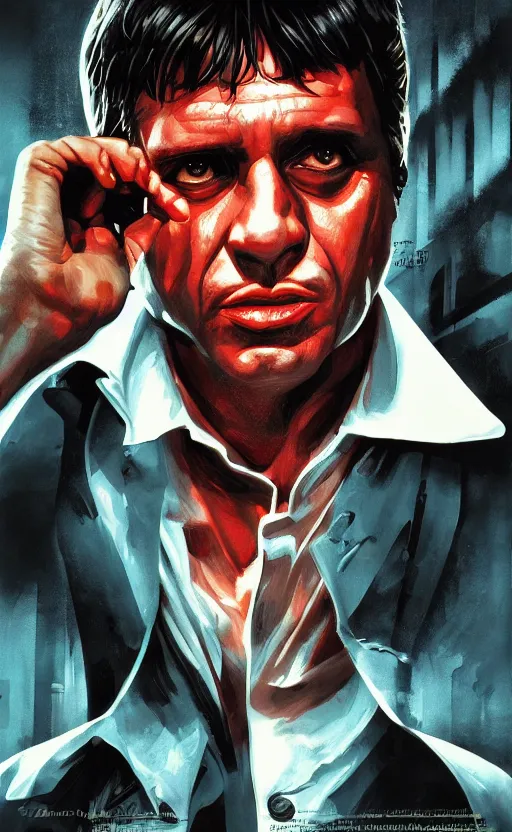 Image similar to scarface 1 9 8 3 movie, posterspy, dynamic lighting, photorealistic concept art, trending on art station, stunning visuals, creative, cinematic, ultra detailed