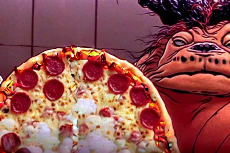 Image similar to a film still of pizza the hut in the akira, high quality