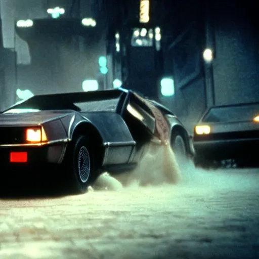 Image similar to cinematic still, blade runner, roger rabbit in a flying delorean, high quality, futuristic