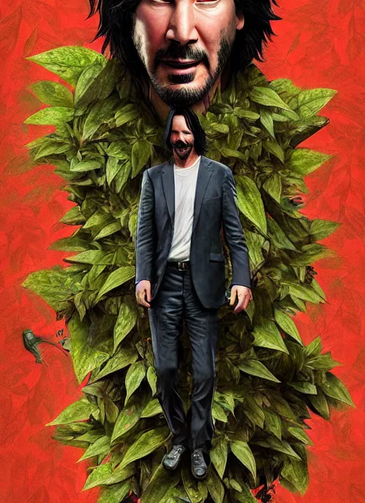 Image similar to highly detailed comedy caper movie poster with silly wacky zany keanu reeves hiding in leaves, keanu reeves face inside a leafy bush by greg rutkowski