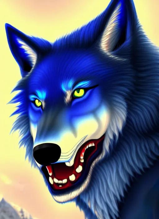 Image similar to blue wolf, red eyes highly detailed, deep focus, digital painting, smooth, sharp focus, anime art style, trending on artstation, 4 k