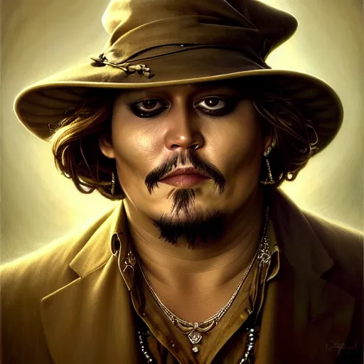 Image similar to wideangle!! portrait shot of fat johnny depp, intricate, elegant, highly detailed, centered, digital painting, artstation, concept art, smooth, sharp focus, illustration, artgerm, tomasz alen kopera, peter mohrbacher, donato giancola, joseph christian leyendecker, wlop, boris vallejo