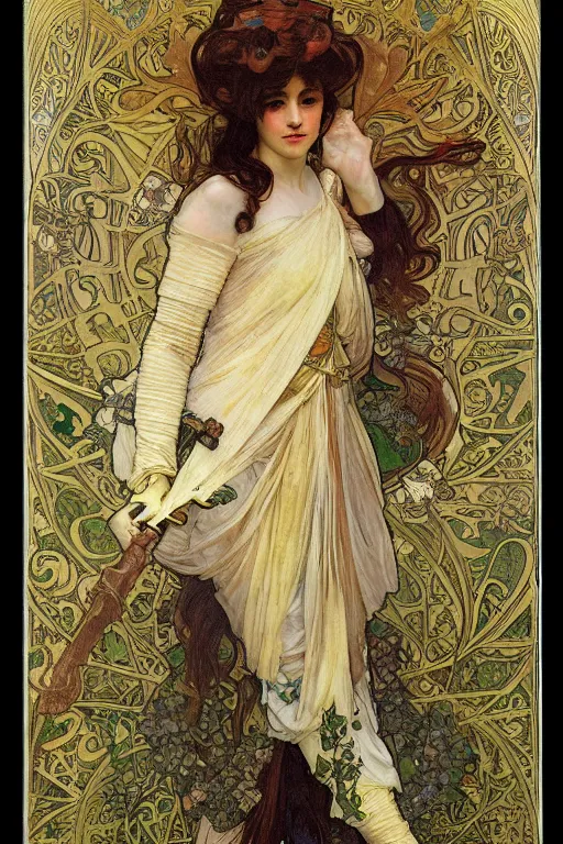 Image similar to full body of a beautiful woman wearing shining armor, fantasy, intricate, elegant, D&D, painted by alphonse mucha and edgar maxence