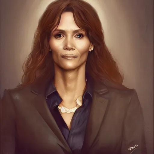 Image similar to portrait of maci holloway, first woman elected as president in usa, cold but beautiful, about 3 5 years old, highly detailed, mix of halle berry and julia roberts, gong li, olga kurylenko, artstation hd, deviantart, by artgem, greg rutkowski