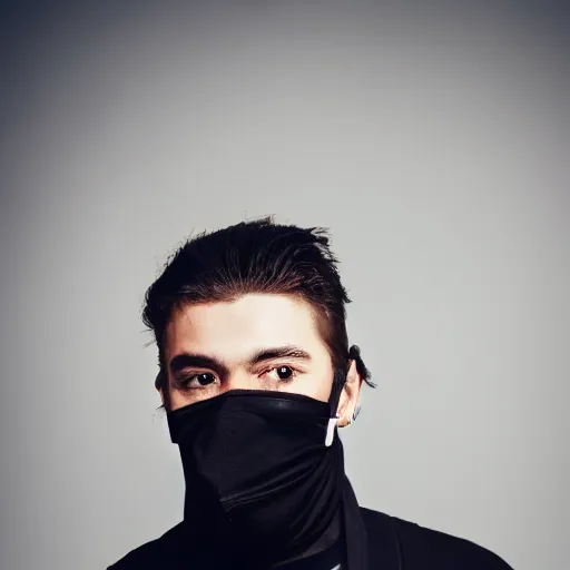 Image similar to professional photograph of a cool guy with a stylish face mask, earrings, and dark clothes, high quality, HD, 8K, highly detailed
