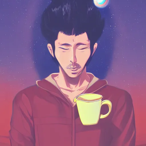 Image similar to A man drinking a cup of cosmic energy bright light by Masafumi Harada, 4k, digital art, surreal, anime style, space dandy style, highly detailed, godsend, artstation