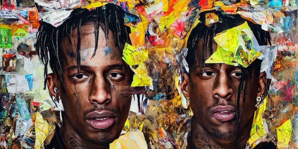 Image similar to travis scott with a trash bag on his head, collage paper and tape, acrylic on canvas, hyperrealism mixed with expressionism, high resolution, cinematic, unreal 6 breathtaking detailed, by blake neubert