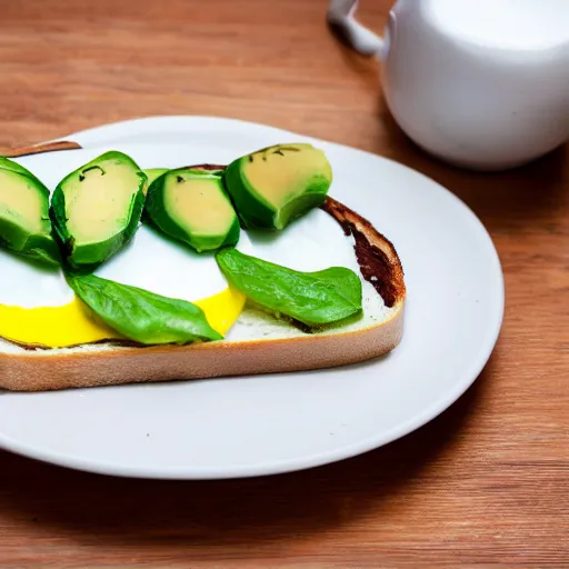 Prompt: duck egg, avocado, swiss cheese on toast. studio lighting.