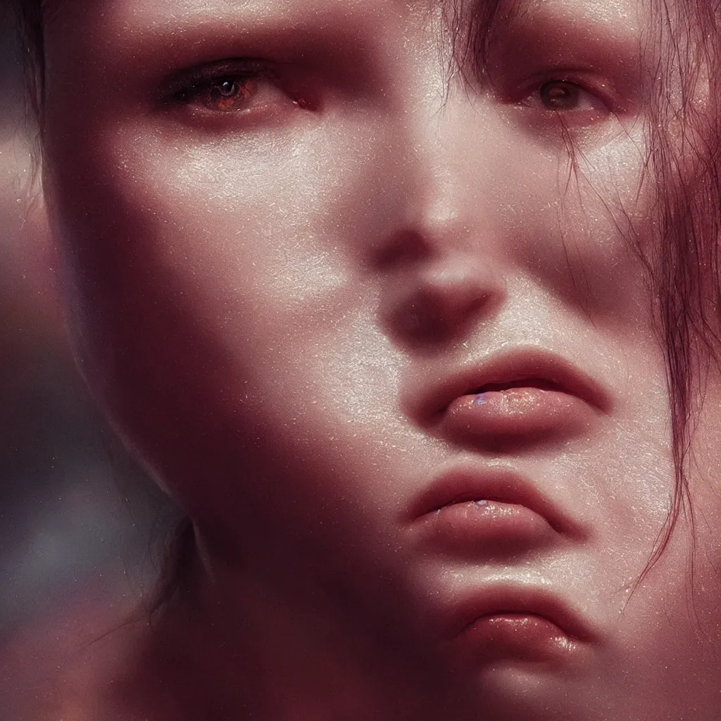 Prompt: extremely detailed cinematic movie still portrait of 2 1 years old woman angel hyperreal skin face by denis villeneuve, wayne barlowe, simon birch, marc simonetti, philippe druillet, beeple bright volumetric sunlight, rich moody colors, closeup, bokeh