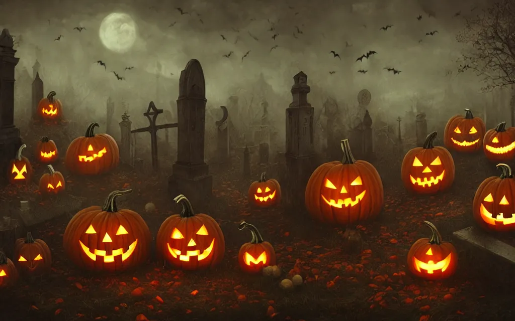 Image similar to engraved halloween pumpkins with menacing expression, scattered in a graveyard at night, bats flying over tombstones, bare trees, iron railing, gloomy atmosphere, digital illustration, highly detailed, cinematic lighting, perfect composition, 4 k, artem demura