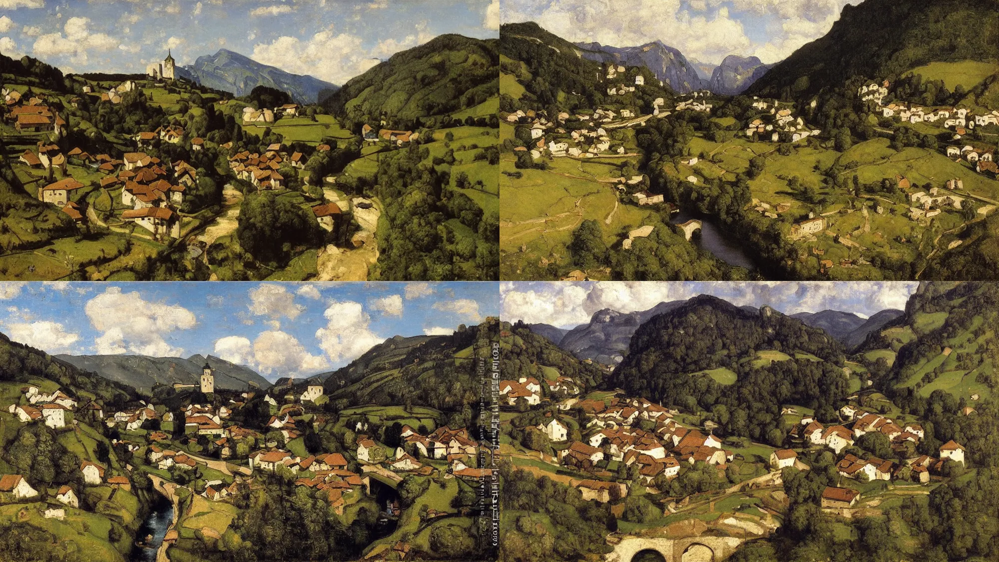 Prompt: High-Quality realist painting of an aerial view of a traditional Swiss village in a valley separated by a river crossed by a medieval bridge, by Gustave Courbet, peaceful, very detailed, oil on canvas.