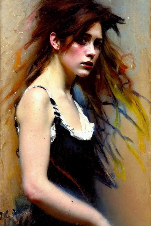 Image similar to impressionist brushstrokes!!!! solomon joseph solomon and richard schmid and jeremy lipking victorian loose genre loose painting full length portrait painting of a young beautiful woman punk rocker