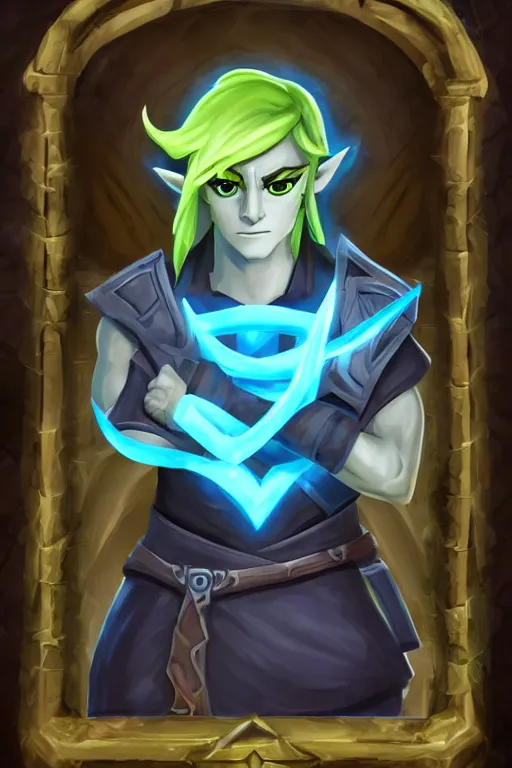 Image similar to an in game portrait of link from hades, hades art style.