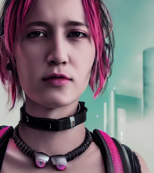 Image similar to detailed realistic female character cyberpunk wearing thick technological collar around neck, realistic, art, beautiful, 4K, collar, choker, collar around neck, punk, artstation, detailed, female, woman, choker, cyberpunk, neon, punk, collar, choker, collar around neck, thick collar, tight around neck, punk,