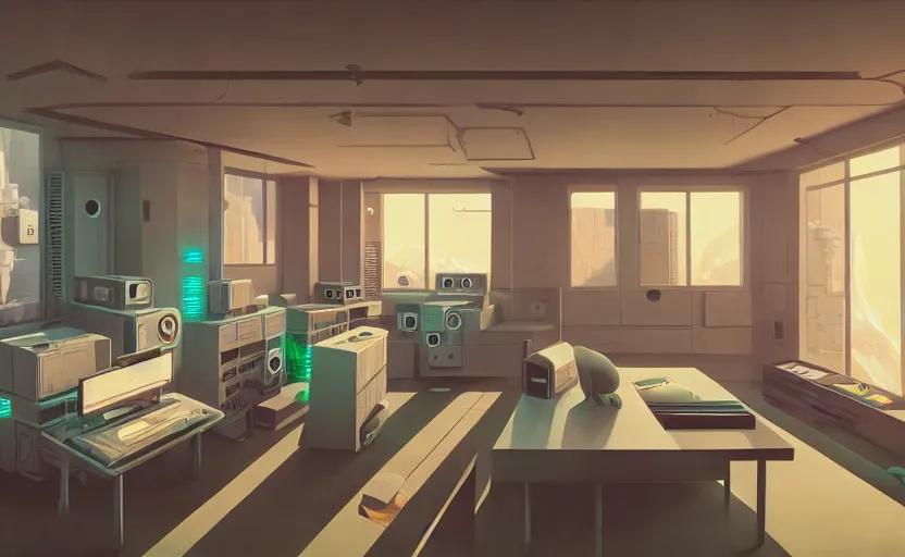 Image similar to Interior shot of a futuristic brutalist studio apartment with computers by Petros Afshar and Beeple, James Gilleard, Mark Ryden, Wolfgang Lettl highly detailed