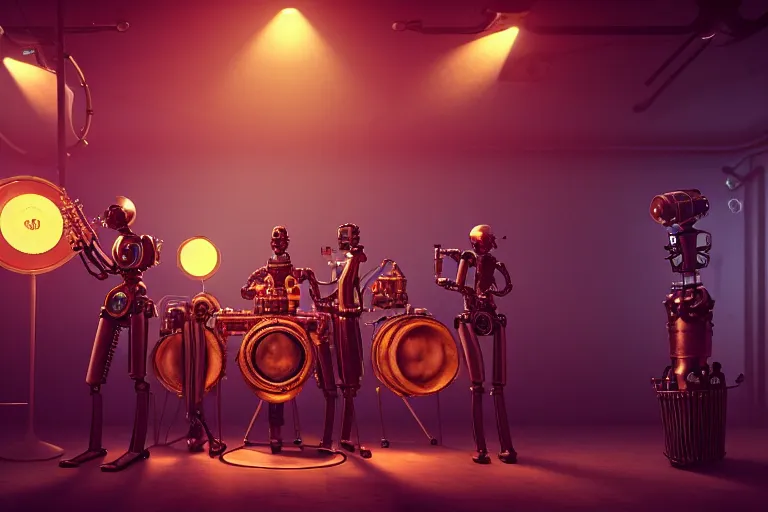 Image similar to 3 steampunk robot jazz musicians playing at a night club, focus on the musicians, cinematic lighting, exaggerated detailed, unreal engine, octane render, trending on artstation, art by greg rutkowski, 4 k