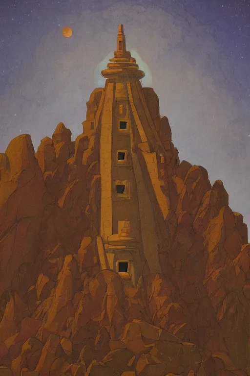 Image similar to painted tower of the moon, by Sylvain Sarrailh and Nicholas Roerich and Annie Swynnerton, dramatic cinematic lighting , beautiful tilework, ornate architecture, smooth, sharp focus, extremely detailed