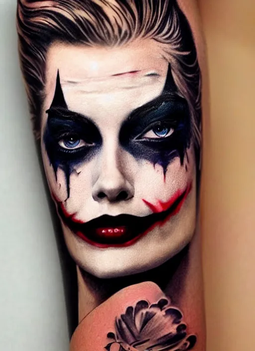 Image similar to tattoo design of beautiful margot robbie with a little smile with joker makeup and holding ace card, in the style of den yakovlev, realistic face, black and white, realism tattoo, hyper realistic, highly detailed