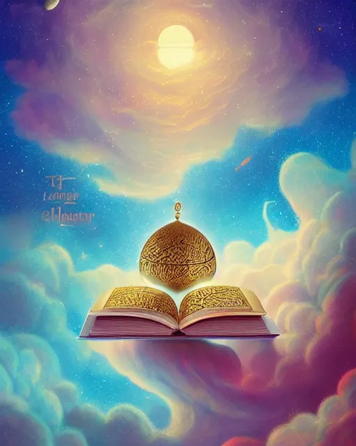 Image similar to the quran descending from the galaxy into clouds highly detailed, gold filigree, romantic storybook fantasy, soft cinematic lighting, award, pastel color palette, featured on artstation, digital art