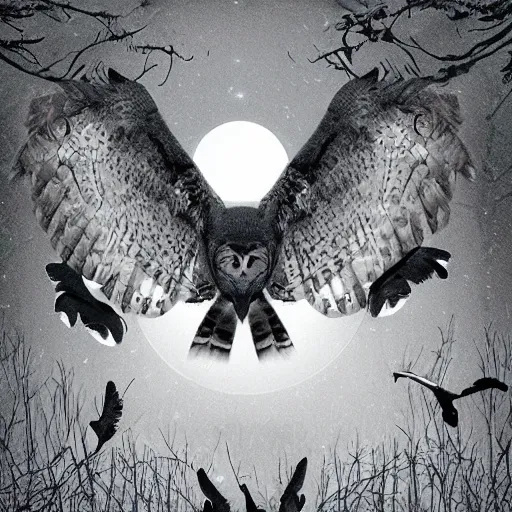 Prompt: huge owl with outstretched wings flapping flying hunting at night through fog talons reaching for prey striking killing a rabbit in the forest lit by the full moon fog moving through feathers