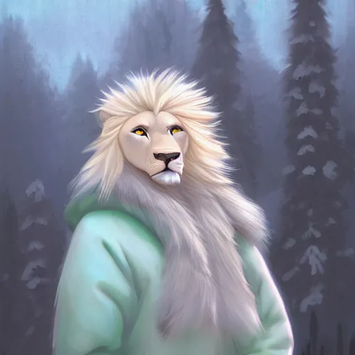 Image similar to aesthetic portrait commission of an albino male furry anthro lion wearing a cute mint colored, cozy, soft pastel winter outfit. winter atmosphere character design by mandy jurgens, irina french, heraldo ortega, rachel walpole, jeszika le vye, and dan volbert.