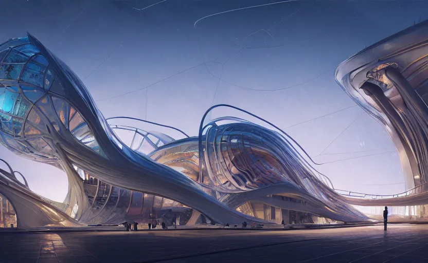 Image similar to exterior shot of utopian architecture transparent building with cinematic lighting by zaha hadid and renzo piano, darek zabrocki and greg ruthkowski, alphonse mucha, simon stalenhag, cinematic, stars, beautiful, holy place, paradise, scifi, futurism, atmospheric, concept art, artstation, trending on artstation