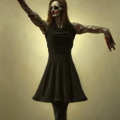 Image similar to macabre art, vladimir putin women maid dress, ballerina dancing, horror, macabre art, stuning 3 d render, masterpiece, dark, by donato giancola and greg rutkowski and wayne barlow and zdzisław beksinski, realistic face