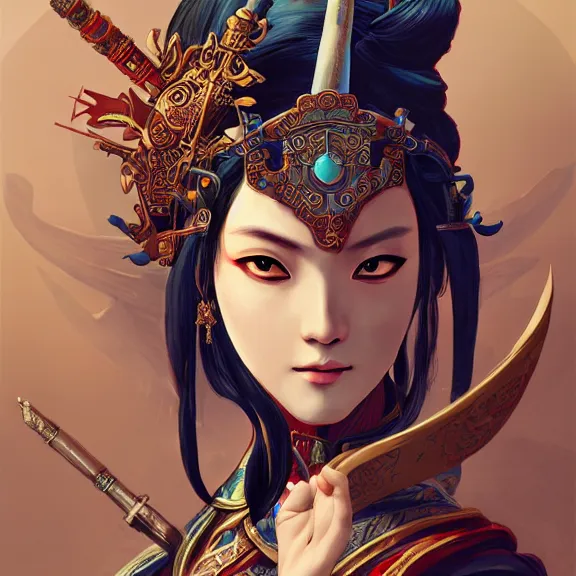 Image similar to ancient chinese princess with steampunk mask, dynasty warriors, divine, unreal engine, 8 k, blue color scheme, headshot, highly detailed, smooth, ink painting, artstation, concept art, in style of yoji shinkawa, pan ren wei, col price, atey ghailan, by greg rutkowski, aesthetic