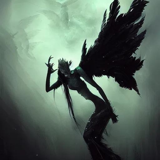 Prompt: 3 d rendered digital art by bastien lecouffe deharme of a eldritch fallen angel, black spidery mist, billowing shadows and black feathers, black halo nimbus, devils horns, dante's inferno, 8 k dop dof