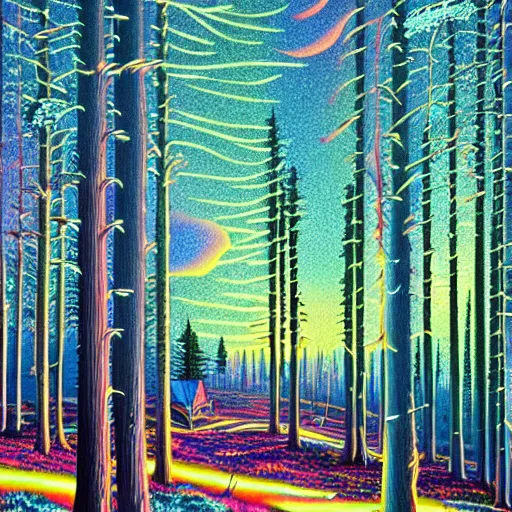 Prompt: psychedelic, trippy, pine forest, northern lights, cartoon by rob gonsalves, sharp focus, colorful refracted sparkles and lines, soft light