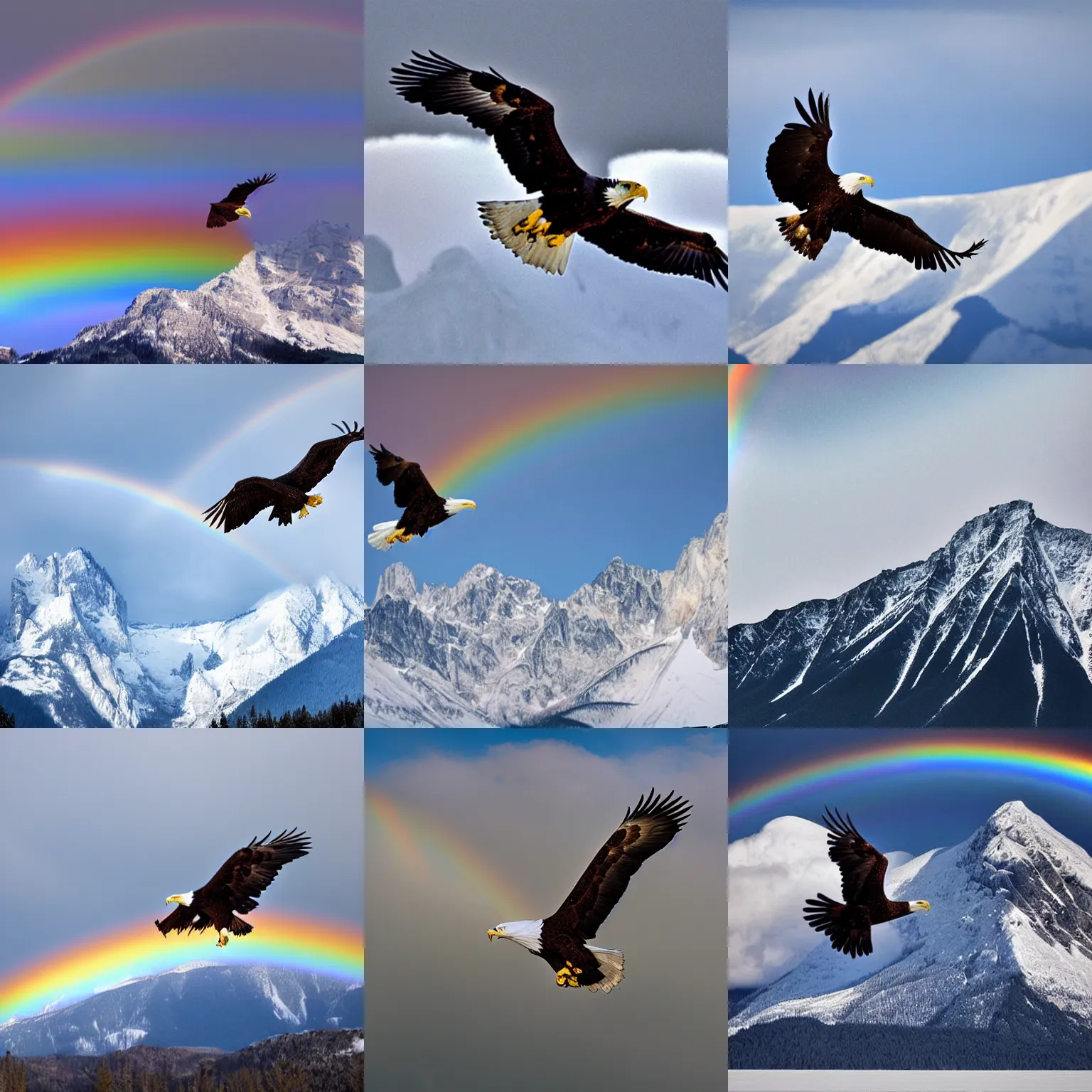 Prompt: eagle flying above snow mountains, rainbow