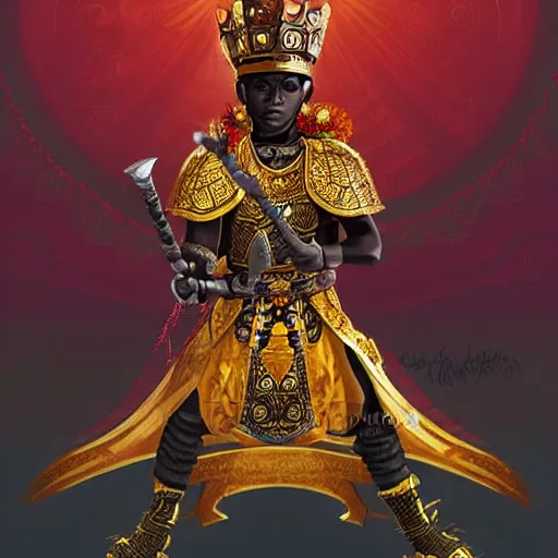 Image similar to a young black boy dressed like an african moorish warrior in gold armor and a crown with a ruby, posing with a very ornate glowing electric spear!!!!, for honor character digital illustration portrait design, by android jones in a psychedelic fantasy style, dramatic lighting, hero pose, wide angle dynamic portrait