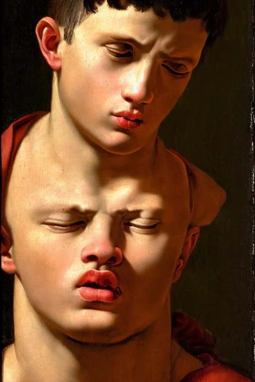 Image similar to renaissance painting of young man, monk haircut, pleading face, tears dripping from the eyes, emotions closeup, dressed in roman armour, the beautiful garden, ultra detailed, art by Guido Reni style, Vincenzo Catena style