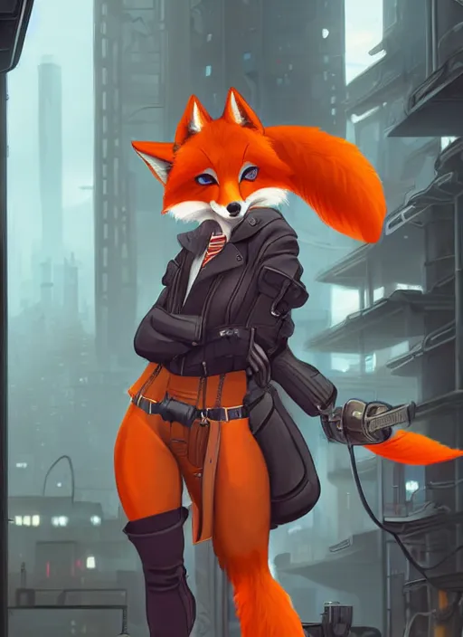 Image similar to stylized commission of a beautiful portrait of a female anthro fox fursona wearing mechanic clothes in a industrial cyberpunk city. character design by Kinoshita Jiroh, Hyaku. Detailed, soft lighting, rendered in octane