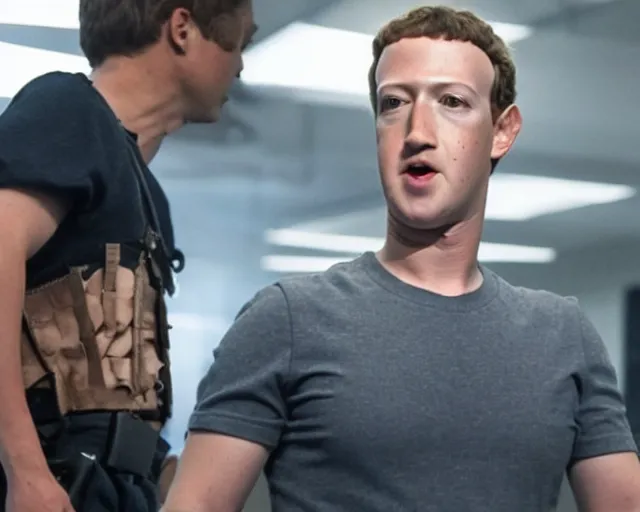 Image similar to mark zuckerberg plays terminator in scene where his endoskelet gets exposet, action film scene