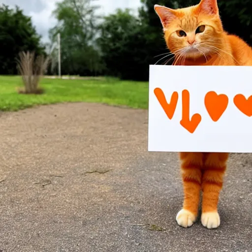 Image similar to cute orange tabby cat holding a sign that says