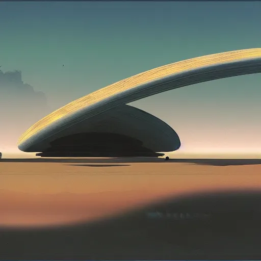 Image similar to a syd mead and ralph maquarrie style matte painting of a twirling futuristic building on a huge crater in tropical desert