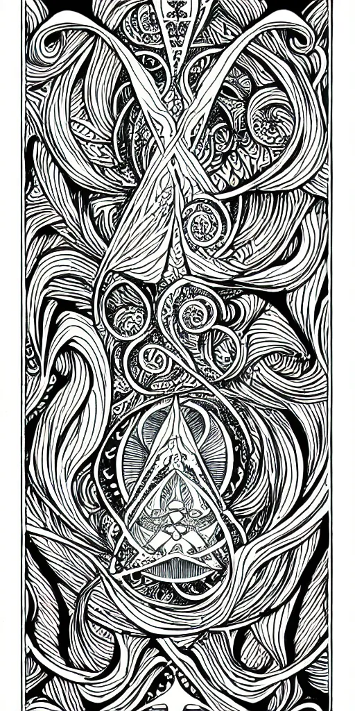 Prompt: a beautiful black and white fractal tarot card featuring bold occult imagery with clean lines. ocean fish cthulhu. detailed adult coloring book