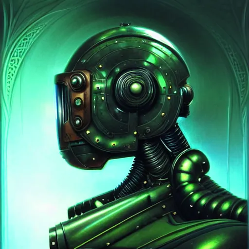 Image similar to low angle shot of a cyberpunk gazmask robot character wearing a gazmask, green eyes, intricate, elegant, highly detailed, centered, digital painting, artstation, concept art, smooth, sharp focus, illustration, artgerm, Tomasz Alen Kopera, Peter Mohrbacher, donato giancola, Joseph Christian Leyendecker, WLOP, Boris Vallejo