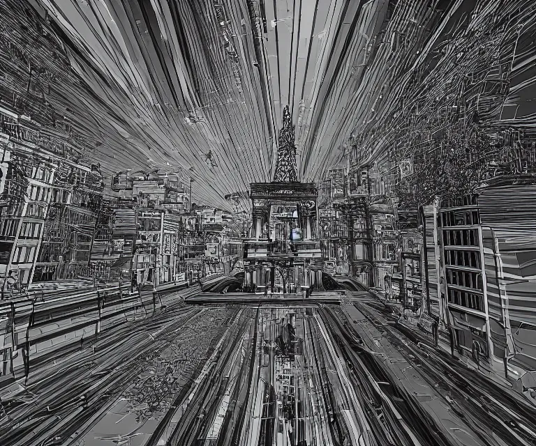 Image similar to line art of paris, on canvas, in the style of glitchcore, extemporaneous, rendered in unreal engine