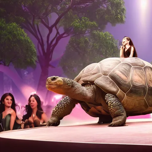 Prompt: ariana grande riding a giant tortoise on concert stage, 8 k resolution, cinematic lighting, anatomically correct