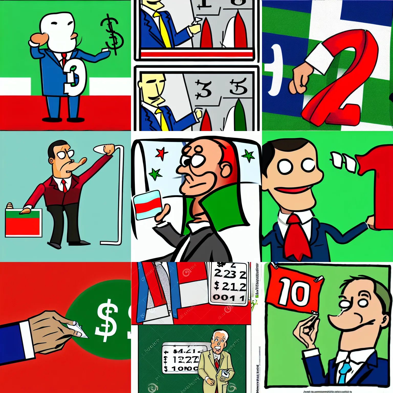 Prompt: man suit picking random numbers, dollars in pocket, cartoon, comic, illustration, Italian flag,