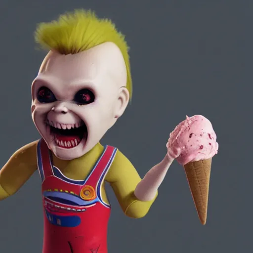 Image similar to ice cream popsicle shaped like screaming chucky doll, octane render, ultrarealistic