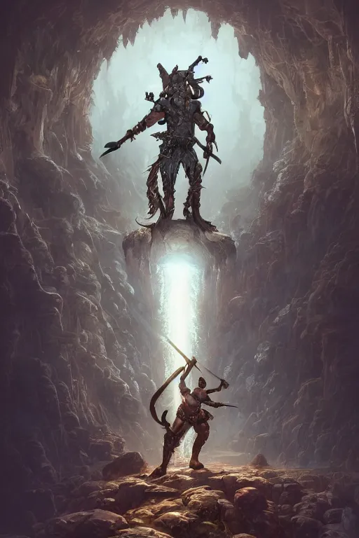 Image similar to a photographic portrait of The Ultimate Warrior, carrying swords on his back, standing under a beam of light, a dark cave, intricate, elegant, highly detailed, ornate, beautifully lit, ray traced, octane render, in the style of Peter Mohrbacher and Peter Gric