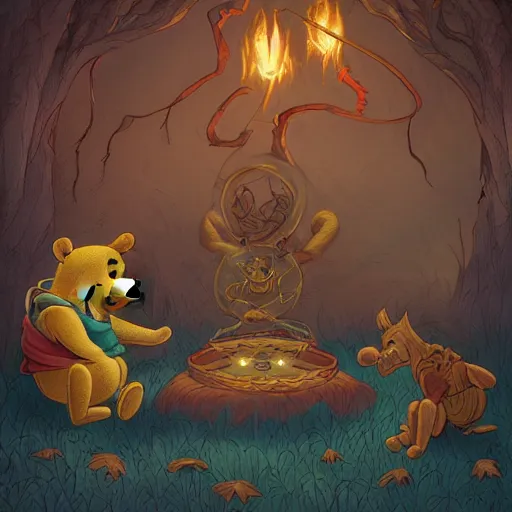 Image similar to Winnie the Pooh summoning demons with the necronomicon, cosmic horror, highly detailed, digital painting, artstation, concept art, sharp focus, illustration,